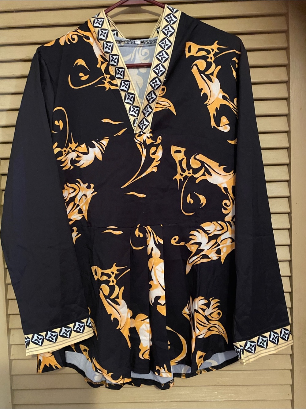 SHEIN Black Long Sleeve V-Neck Shirt with Gold Floral Scroll Print
